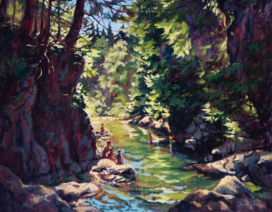 Impressionistic fine art oil painting of a river winding down a green west coast canyon. Swimmers are cooling off in the river.