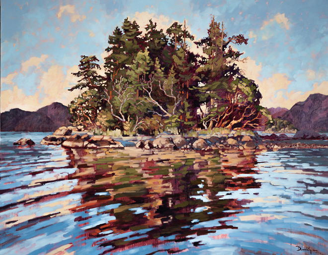 Impressionistic fine art oil painting of a sunlit westcoast island. The island is reflected in the water.