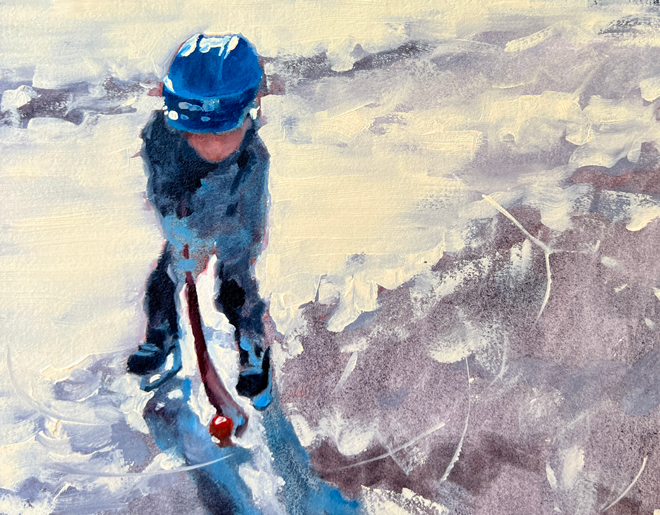 Impressionistic oil painting of a young child playing pond hockey in a blue helmet