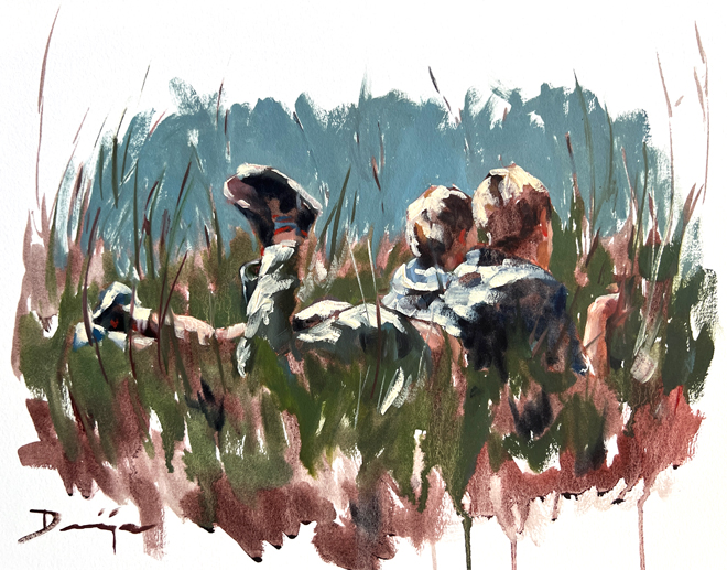 Impressionistic oil painting of two kids lying in a meadow talking with their heads together