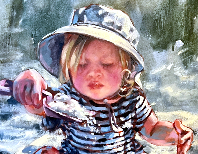 Impressionistic fine art oil painting of a young girl shovelling sand into a bucket