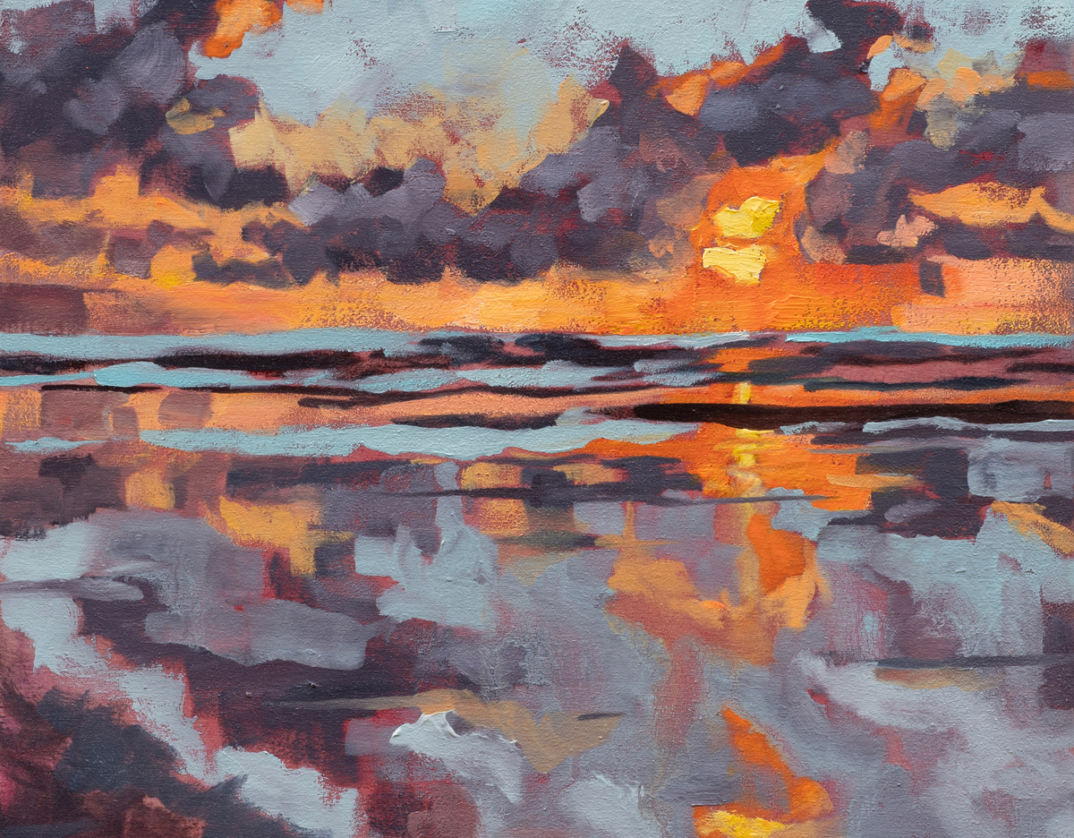Impressionistic fine art oil painting of a beach sunset